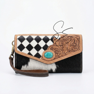 Portefeuille-pochette longue pour femme en cuir à poils, fait main, style western, motif à carreaux, avec dragonne et pierre turquoise - Product Image 1