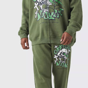 Conjunto de Sudadera con Capucha y Pantalones Deportivos Verde Oliva Personalizado, Estilo Urbano, para Hombre, Diseño Gráfico de Calavera Vintage Y2K, Felpa Gruesa, Dos Piezas - Product Image 3