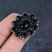 Cincin Koktail Perak 925 Berbentuk Bunga dengan Batu Onyx Hitam Buatan Laboratorium, Gaya Vintage, Berlapis Pave, untuk Perhiasan Pesta Wanita
