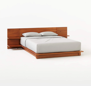 Base de Cama Flotante Moderna de Madera de Teca Sólida con Cabecera Integrada y Estante, Tamaño King Minimalista, Garantía de 3 Años - Product Image 1