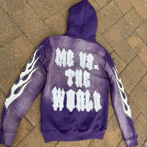 OEM Custom 100% Cotton DTG Print Pullover Hoodie Heavyweight Acid Washed Distressed Rhinestone Y2K Fleece Design Solid Gym Men's - Product Image 1