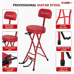 5Core Guitar Stool 3.15" Padded Chair w Backrest Foldable Music Seat Built in <b>Foot</b> <b>Rest</b> Guitar Stand - Product Image 4