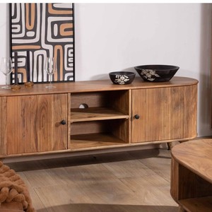 Meuble TV style Vandana Ivory, grand modèle 175 cm, design vintage arrondi, en bois d'acacia massif Boomer, avec 2 portes et 2 niches - Product Image 2