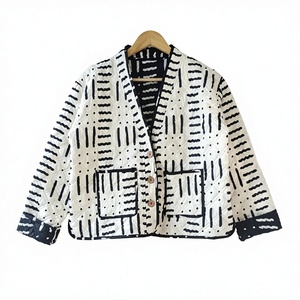 Women's Cotton <b>Quilted</b> Stripe Button Front Reversible Winter <b>Jacket</b> Casual Outerwear Indigo Washed Techniques Regular Woven - Product Image 1