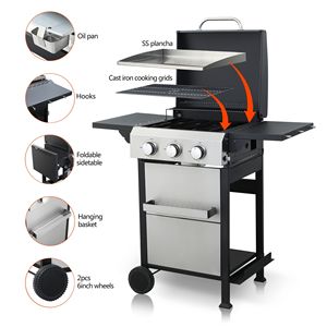Barbecue a Gas Propano con 3 Bruciatori, Potenza 36900 BTU, Griglie di Cottura in Metallo Smaltato, Lati Pieghevoli e Piastra in Acciaio Inox per Barbecue all'Aperto - Product Image 2