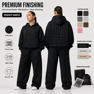Ensemble deux pièces en molleton brossé double face avec taille élastique et épaules tombantes, logo imprimé en relief personnalisé, fabrication OEM - Product Image 1