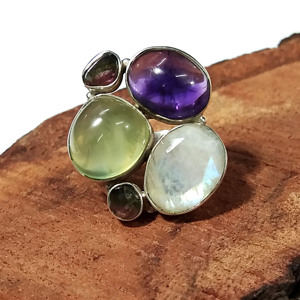 Natural Moonstone Prehnite Amethyst Tourmaline Gemstone <b>Ring</b> 925 Sterling Silver Handmade Multi Stone Wedding Engagement - Product Image 5