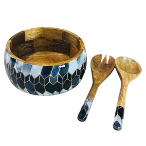 Ensemble de saladiers en bois de manguier faits à la main avec des ustensiles assortis, design floral élégant en émail, grand saladier écologique - Product Image 2