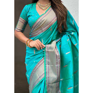 Sari en soie Paithani traditionnel Elite Weaves Aqua Blue Yeola, robe de soirée tissée double Zari, 650g - Product Image 5