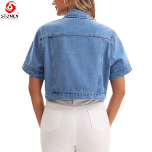 Custom Logo Women's Denim Shirt Relaxed Fit <b>Short</b> <b>Sleeve</b> <b>Button</b> <b>Up</b> Casual Fashion Blue Jean Shirt Wholesale Supplier OEM Service - Product Image 4