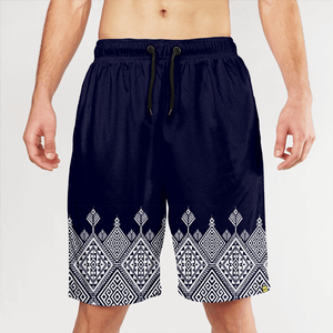 Short de bain pour homme à motif géométrique, séchage rapide, taille à cordon, décontracté, bleu marine avec imprimé blanc - Product Image 1