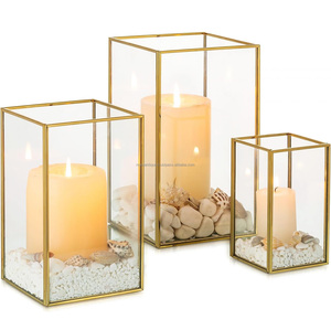 <b>Set</b> of Three <b>Square</b> Gold Metal and Glass Votive Candle Holders Indian Wedding Decorations for Home Use - Product Image 1