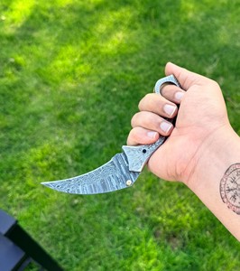 Cuchillo de bolsillo plegable multifuncional DIY hecho a mano con hoja de acero de Damasco de punta caída, mango de acero inoxidable, 6.5 pulgadas de longitud total - Product Image 6