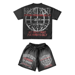 Ensemble court streetwear vintage délavé à l'acide pour hommes, personnalisé en gros, avec t-shirt déchiré à impression sérigraphiée et ensemble 2 pièces d'été pour hommes - Product Image 6