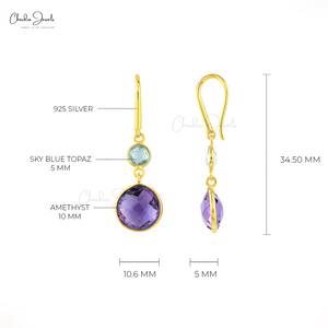 925 Sterling <b>Silver</b> Sky Blue Topaz Gemstone <b>Earrings</b> with Natural 10MM Round Checker Cut Light Amethyst Danglers for Girlfriend - Product Image 3