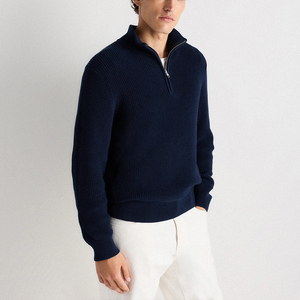 Pull à col montant en tricot côtelé gris foncé pour homme, col demi-zip, décontracté, pour l'hiver - Product Image 3