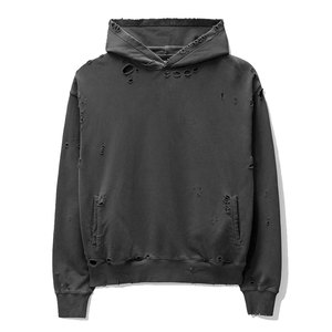 <b>Men's</b> <b>Black</b> Oversized Hooded Sweatshirt With Distressed Rip Design French Terry Cotton Streetwear Style - Product Image 1