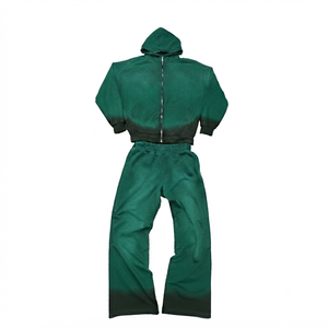 Custom Vintage Cotton Jogging Set Zip up Acid Wash Tracksuit Streetwear Hoodie and Straight Leg <b>Flared</b> Sweatpants <b>Men</b> & Women - Product Image 2