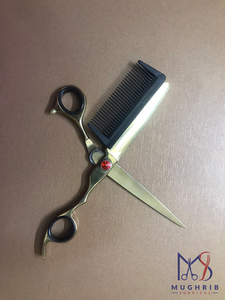 Ciseaux de barbier professionnels en acier inoxydable, lame droite avec peigne, revêtement doré - Product Image 2