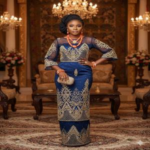 Tissu George nigérian rouge avec élégante frange à glands, broderie de paillettes dorées, 100% polyester, robe de mariée traditionnelle pour filles - Product Image 5