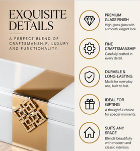 Caja de Almacenamiento de Joyas de Vidrio Blanco Marfil con Detalles Geométricos Dorados, Acabado Brillante, Forro Suave, Organizador Decorativo para Recuerdos - Product Image 4