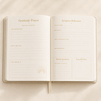 LABON Carnet de réflexion biblique et de prière en lin ivoire, avec feuille d'or et motif soleil rayonnant, pour l'étude de la Bible