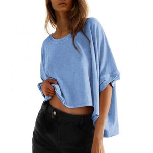 T-shirt court pour femme, bleu clair, manches courtes, col rond, coupe ample, en coton tricoté, couleur unie, respirant, pour le printemps - Product Image 1