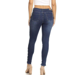 Jeans Ajustados de Alta Elasticidad para Mujer, Lavado Oscuro, con Cuentas de Perlas Laterales, Dobladillo Desgastado a la Moda, Jeans de Primera Calidad para Mujer - Product Image 3