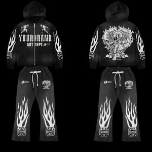 Personalizable Acid Wash Distress 450GSM Algodón Fleece Sudadera con capucha Pantalones Conjunto Chándales de invierno Sólido con capucha Personalizable Logo Característica - Product Image 1