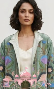 Handcrafted Sage Green Velvet Quilted Kimono <b>Jacket</b> Kashmiri Suzani Embroidered Winter Coat Elegant Premium Velvet <b>Blazer</b> - Product Image 1