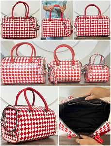 Premium Red & White Checkered Pattern Genuine <b>Leather</b> Travel Duffel Bags Designer Crossbody Large Capacity Travel Weekender Bags - Product Image 3