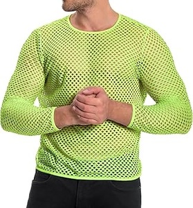 Hot Selling Long Sleeves Green Color O Neck Round Sheer See Through Distress <b>Fishnet</b> Sexy T shirt Breathable Wholesale LOW MOQ - Product Image 5