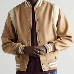 Men's Tan Eco-Friendly High Street Varsity Jacket Wool/Leather Blend Button Front Casual Winter Wear Regular Fit Solid Color - Product Image 1