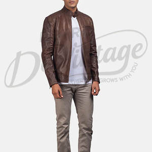 เสื้อแจ็คเก็ตหนังแกะแท้สีน้ำตาลทรงคาเฟ่เรเซอร์สำหรับผู้ชาย ทรงเข้ารูป สวมใส่สบาย เหมาะสำหรับฤดูใบไม้ร่วงและฤดูหนาว  คอปกติดกระดุม  แบบลำลอง - Product Image 6