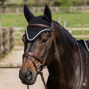 Voile anti-mouches pour cheval noir en crochet de haute qualité, confortable, avec bordure en corde argentée, protège-oreilles doux, bonnet équestre fait main - Product Image 3