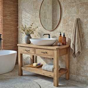 Meuble-lavabo de salle de bain avec vasque intégrée, tiroirs de rangement et étagère ouverte pour une décoration intérieure haut de gamme - Product Image 1