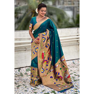Sari en soie Paithani verte Elite Weaves avec grande bordure tissée Zari, concept demi-hauteur, vêtement indien/pakistanais - Product Image 5