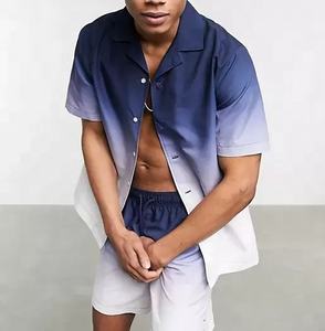 Conjunto de Dos Piezas Casual de Verano para Hombre con Logotipo Personalizable, Camisa y Pantalones Cortos de Lana Ecológica con Tinte Degradado, Cintura Elástica y Diseño Sólido - Product Image 3