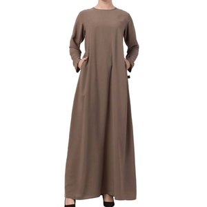 Abaya en coton de couleur unie pour femme, manches longues, longueur au sol, coupe ample, robe modeste, col rond, tenue quotidienne, style Moyen-Orient - Product Image 1