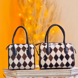 New High Quality Black White Brown Soft Hair <b>Fur</b> Checkered Diamond Pattern Hand Tooled 100% Genuine Leather Water Resistant Mini - Product Image 4