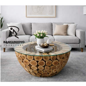 Table basse rustique en bois de teck massif, en forme de cercle, pour un attrait esthétique dans les salons - Product Image 1