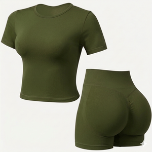 Wholesale Custom Women olive <b>green</b> yoga Workout <b>Set</b> breathable ShortSleeve Fitness Top Highquality Waist Scrunch Shorts <b>Gym</b> wear - Product Image 1