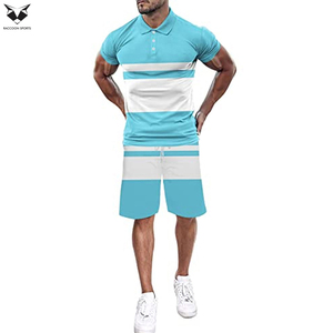Conjunto de Verano de Alta Calidad para Hombre, Precio al por Mayor, Conjunto de 2 Piezas de Camiseta Polo y Pantalones Cortos Azul Cielo, Estilo Casual con Parches - Product Image 2