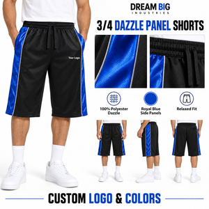 Shorts 3/4 personnalisés pour hommes en polyester noir et bleu, taille élastique avec cordon de serrage, panneaux latéraux et poches avec passepoil argenté, vente en gros de vêtements - Product Image 3
