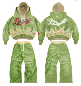 Sudadera con capucha de poliéster/algodón de secado rápido con pedrería personalizada OEM para hombre, estilo oversize, corta, con cremallera, lavado ácido, efecto desgastado, vintage, con doble cinturón. - Product Image 4