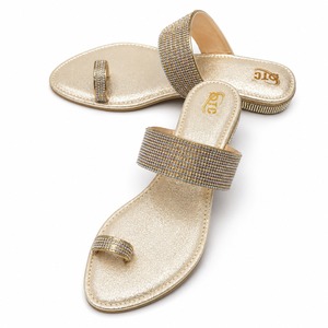 Women Open Toe Rhinestone Flat Sandals <b>Slip</b> on Mule <b>Slides</b> Gold Finish Anti <b>Slip</b> Breathable Casual Winter Footwear - Product Image 1