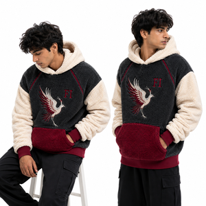 Sweat-shirt à capuche en polaire pour hommes, personnalisé avec logo brodé d'oiseau, manches raglan, coupe oversize, décontracté, pour l'hiver, avec poche avant, vente en gros - Product Image 2