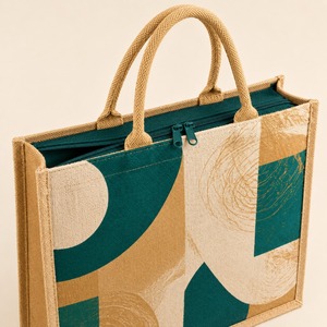Sac fourre-tout de plage en jute à imprimé géométrique, fermeture éclair, longue poignée en corde, logo personnalisé, cadeaux d'entreprise, réutilisable pour le shopping - Product Image 5