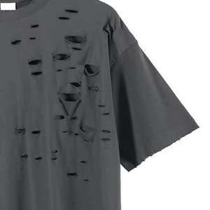 Camiseta Hip Hop Personalizada Extra Grande de 220 g/m², Camiseta Desgastada con Efecto Rasgado, Camiseta Vintage con Lavado Ácido y Hombros Caídos para Hombre - Product Image 3