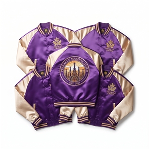 Factory Direct Brown Satin Varsity Jacket Cream Sleeve Zip Up Custom Embroidered Romanesque Guild Baseball <b>Coat</b> - Product Image 4